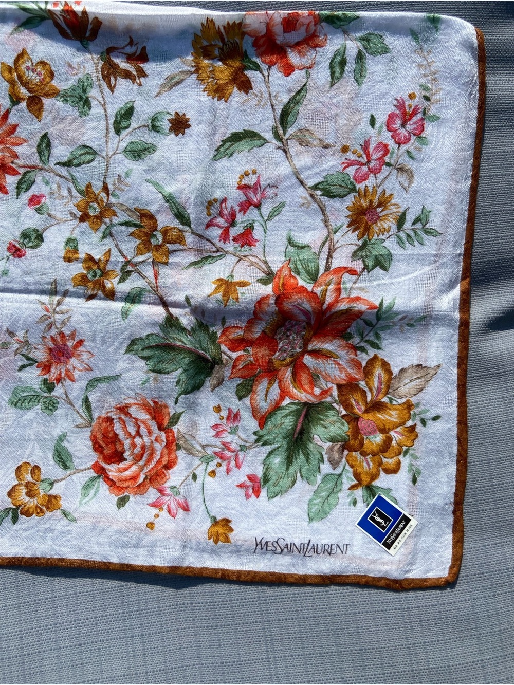 Yves Saint Laurent Cotton Square Scarf - White w/ Orange & Green Floral Print